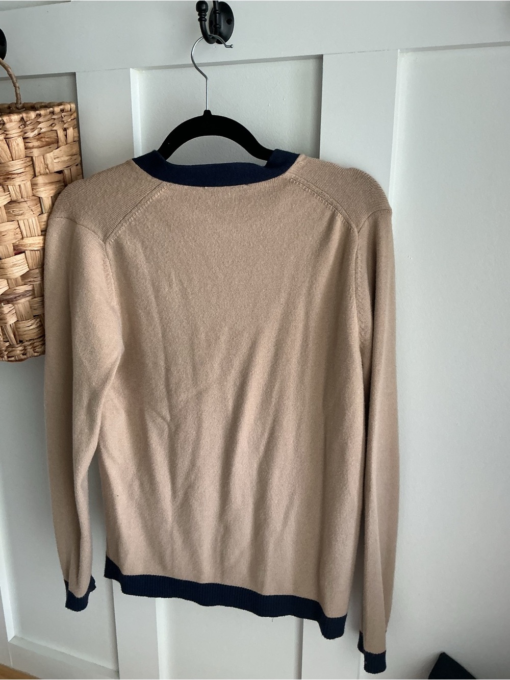 Ann Taylor Beige Cardigan with Navy Trim Accent - Picture 2 of 3
